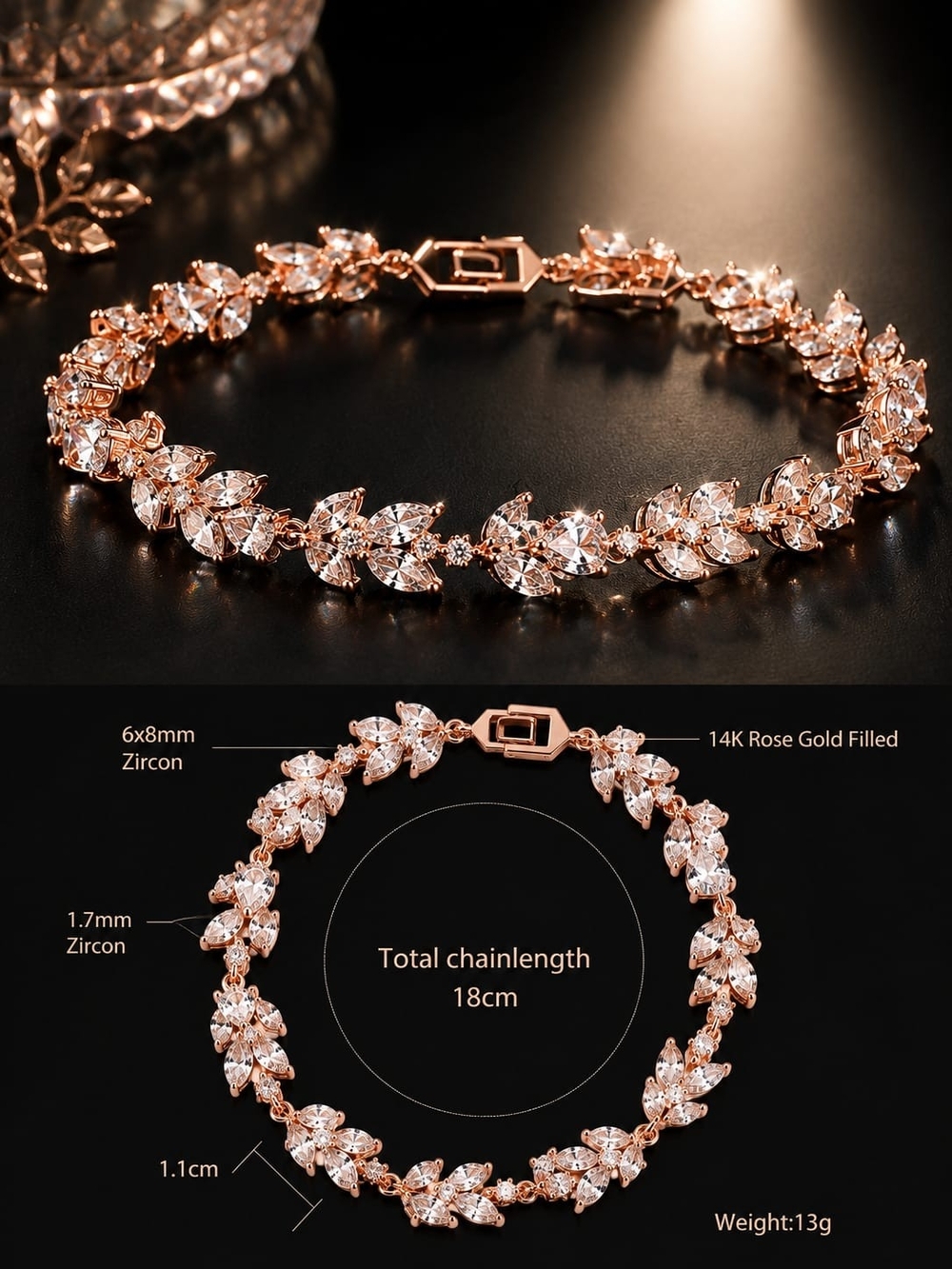 Elegant Rose Gold Zircon Leaf Bracelet - Sparkling Pink Stones